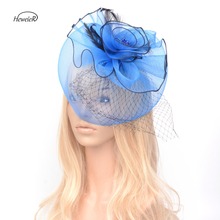 Tocado azul con plumas para mujer, sombrero de malla, tocado de boda, fiesta de carreras, cóctel, accesorios para el cabello 2024 - compra barato