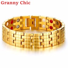 Granny Chic Charme 2 Row Pulseira Terapia Magnética pulseira de Aço Inoxidável Homens Pulseiras de Saúde Jóias de Ouro-Cor Pulseiras Para Artrite 2024 - compre barato