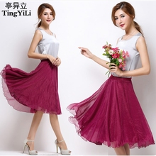 TingYiLi High Elastic Waist Pleated A Line Midi Skirt Adult Tulle Skirts Womens Summer Style Black White Pink Red Grey Purple 2024 - buy cheap