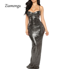 Ziamonga Spaghetti Strap Evening Party Dresses 2019 New Fashion Women Floor Length Silver Sequin Dress Strapless Maxi Long Dress 2024 - buy cheap