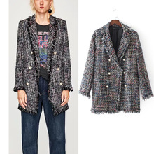 Elegante a cuadros de mujer, chaqueta de tweed con flecos y borlas, de manga larga, con botones y perlas, para exteriores 2024 - compra barato