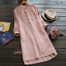 Женское платье-рубашка из чистого хлопка и льна, с длинным рукавом 2024 - купить недорого