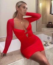 Vestido bandagem feminino de manga longa, nova moda 2019, vestido de malha, estilo celebridade, vermelho, bodycon 2024 - compre barato