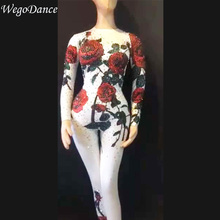 DIY Sexy full Rhinestones rose Mesh Jumpsuit Long Sleeve Stretch Singer Costume Women's Dance Birthday Outfit woman freeshipping 2024 - buy cheap