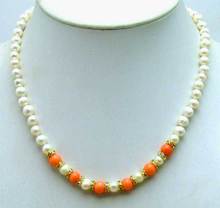 SALE 6-7mm White natural freshwater Pearl with 6mm Round Pink Coral 17" Necklace-5837 wholesale/retail Free ship 2024 - buy cheap