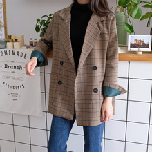 2018 Women Autumn Vintage Loose Plaid Long Blazer Women double breasted Blazer Long Sleeve Suit Jacket Female Casual Coat 2024 - buy cheap