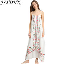 JSXDHK Бохо длинное сексуальное Макси женское платье с открытой спиной 2021 Белое Женское платье на тонких бретельках с цветочной вышивкой свободное хлопковое пляжное платье 2024 - купить недорого