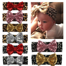 Nishine Boutique New Girls Sequin Bow Headbands Kids Elastic Nylon Leopard Wide Hair Band Fashion Hair Accessories 2024 - buy cheap