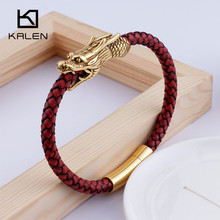 KALEN Neo-Gothic Stainless Steel Gold Animal Dragon Charm Bracelets For Men Sporty Red Leather Wrap Bangle Homme Jewelry 2024 - buy cheap