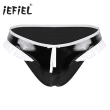 Womens Lingerie Wet Look Underpants Faux Leather Ruffled Lace Low Rise Bikini Briefs Underwear Panties Sexy Clubwear 2024 - buy cheap