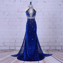 Vestidos de Noche de lujo de cuello alto con cuentas de terciopelo, cristales de sirena, vestido de fiesta de graduación azul real, bata de noche de 2019 2024 - compra barato