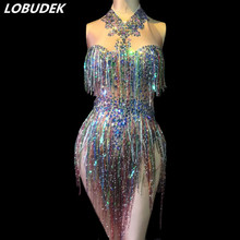 Two Styles Colorful Rhinestones Tassels Bodysuit Sleeveless Crystals Fringed Bodysuit Nightclub Sexy Women Stage Dance Costume 2024 - buy cheap