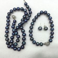 fine jewelry set necklace bracelet stud earrings ink blue color good quality perfectly round natural Cultured freshwater pearls 2024 - buy cheap
