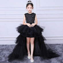 Noble Black Long Train DetachableLayers Crystal Flower Girl Dress Baby Pageant Show Dress Kids Birthday Party Dress Custom Made 2024 - buy cheap