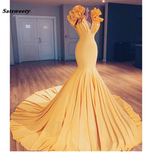2022 Saudi Arabic Yellow Mermaid Prom Dresses Special Designed Long Ruffles On Shoulder Abiye Elastic Bridesmaid Dresses 2024 - buy cheap