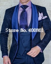 Handsome One Button Blue Paisley Groom Tuxedos Groomsmen Shawl Lapel Mens Suits Blazers (Jacket+Pants+Vest+Tie) W:1213 2024 - buy cheap