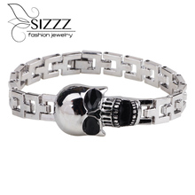 Sizzz pulseira de caveira masculina, bracelete com fivela, bracelete longo de 19cm, aço titânio e fivela 2024 - compre barato