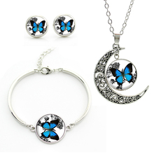 Conjunto de joias romântico com borboleta branca e azul, imagem de vidro, colar, brincos, pulseira, conjunto para casamento, presentes js136 2024 - compre barato