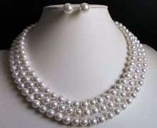 Free shipping@@@@@3 Rows 8mm white south sea shell pearl necklace Earrings 17-19" LL003 2024 - buy cheap