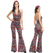 Macacao-mono con estampado floral para mujer, ropa con Espalda descubierta, estilo retro de los años 70, para fiesta de baile, discoteca, espectáculo de bar, disfraz hippie, 2019 2024 - compra barato