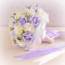 Buquê de rosas e pérolas artificiais, buquê bonito de buquê de casamento roxo, todas as flores feitas à mão, buquê de casamento 2024 - compre barato