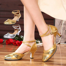 Sapatos de dança quadrados com lantejoulas, sapatos para adulto, feminino, barato, dedos fechados, salsa, dourados e prateados 2024 - compre barato