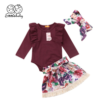 3Pcs Newborn Baby Girl Clothes Set Toddler Infant Kids Outfit Long Sleeve Ruffle Bodysuit Floral Skirt Headband Fall Clothing 2024 - buy cheap