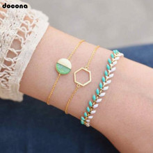 Docona summber ouro cor folha redonda em camadas pulseira conjunto para feminino menina moda verde pedra geométrica pulseira 3485 2024 - compre barato