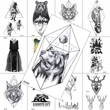 Tatuagem temporária preta geométrica de urso, tatuagem com estampa de lua e floresta, à prova d'água, para homens, arte corporal, braço 2024 - compre barato