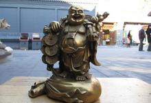 Collectible bronze lion statue chinese Folk brass laughter Maitreya Buddha On Yuanbao elder Statue 2024 - buy cheap