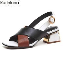 Fashion Fretwork Genuine Leather Shoes Sandals Woman Summer High Heels Sandals Women Shoes Woman BIG Size 33-43 2024 - buy cheap