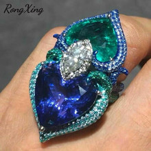 RongXing-anillos grandes de circonia azul y verde para mujer, joyas de doble Corazón, Color plata, piedra de nacimiento, joyería de San Valentín 2024 - compra barato