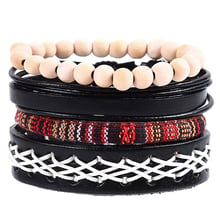 Conjunto de 4 unidades de pulsera ancha de cuero para hombre, banda hippie punk, negra, marrón, beige, cuentas de madera, nudos de cordón blanco, tibatan 2024 - compra barato