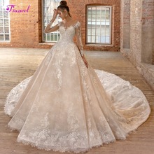 Fsuzwel Luxury Appliques Lace Royal Train A-Line Wedding Dress 2020 Scoop Neck Beaded Long Sleeve Princess Bridal Gown Plus Size 2024 - buy cheap