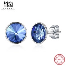 Blue Crystal From Swarovsk Stud Earrings Round Rhinestone Women Stud Earring 925 Sterling Silver Engagement Jewelry Top Quality 2024 - buy cheap
