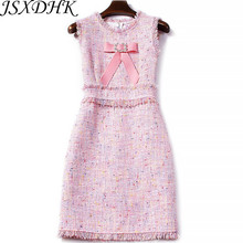 JSXDHK Runway Designer Women Tweed Party Vest Dress 2021 Autumn Winter Pink Diamonds Bow Tasset Luxury Sleeveless Slim Dress 2024 - buy cheap