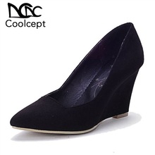 CoolCept 5 Colors Sexy Women Wedges Shoes Flock Leather Wedges Pumps Office Lady Fashion Party Wedding Footwear Size 33-43 2024 - buy cheap