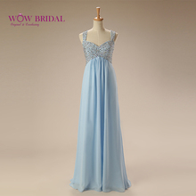 Wowbridal-vestido de fiesta largo azul con cuentas de cristal, traje cruzado, línea A, drapeado, fruncido, 2021 2024 - compra barato