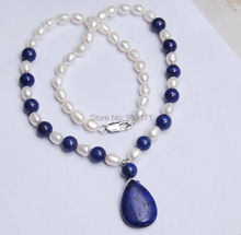 Free Shipping>>Natural 7-8MM White Akoya Pearl / Lapis Lazuli Pendant Necklace 18" AA 2024 - buy cheap