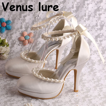 Ivory White Club Heel Shoes with Ankle Strap Pearl Wedding Shoes Bridal 2024 - buy cheap