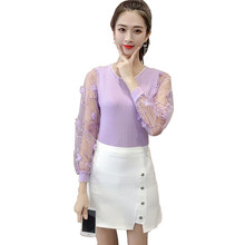 JKKUCOCO Newest Women Sweater Solid Lace perspective decoration Long Sleeve O-neck Knitted Sweaters Autumn Women Pullovers Tops 2024 - buy cheap