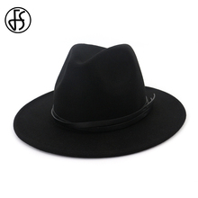 FS Black Wool Felt Wide Brim Fedora Hat For Gentleman Vintage Church Hats Women Elegant Jazz Top Cap With Leather Belt Fall 2024 - buy cheap