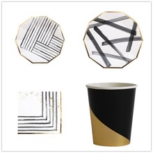 Black Series Gold Blocking Disposable Tableware Party Paper Plates Napkins Cups Straws Birthday Party Wedding new year Decor 2024 - buy cheap