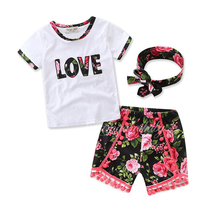 Summer Baby Girls Clothes Sets Kids Printed Letter LOVE Short Sleeve T-shirt And Shorts Suit +Headband 3Pcs Girls Clothing Set 2024 - buy cheap