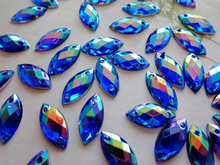 Piedras para coser 30 piezas, color azul profundo/rojo/verde AB, diamantes de imitación, 7x15mm, forma de navette, piedras con reverso plano para vestido DIY, gran oferta 2024 - compra barato