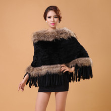 Genuine real natural knitted rabbit fur shawl with raccoon fur collar women fashion hand made knit fur wrap with hem ladies coat 2024 - buy cheap