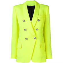 Alta rua brilhante amarelo blazers xale colarinho feminino outono clássico inglaterra duplo breasted jaquetas senhora do escritório meados longo casacos 2024 - compre barato