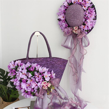 Женская соломенная сумка ручной работы, женская сумка-тоут с бантом из ленты, женская сумка с фиолетовыми цветами, летняя пляжная Праздничная Сумка-тоут, набор солнцезащитных шляп 2024 - купить недорого