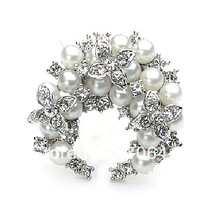 White Gold Color White Pearl and Clear Rhinestone Crystal Flower and Wreath Design Brooch 2024 - buy cheap