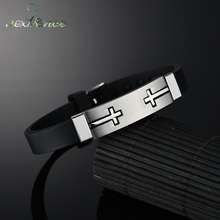 Nextvance pulseira de silicone dupla cruz de jesus, pulseira ajustável de aço inoxidável com crucifixo preto para homens, joia da sorte 2024 - compre barato